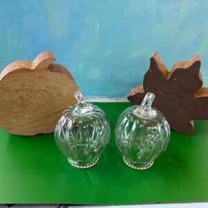 Clear Glass Pumpkins and Chunky Wood Leaf and Pumpkin Shelf Sitters Decor Set
